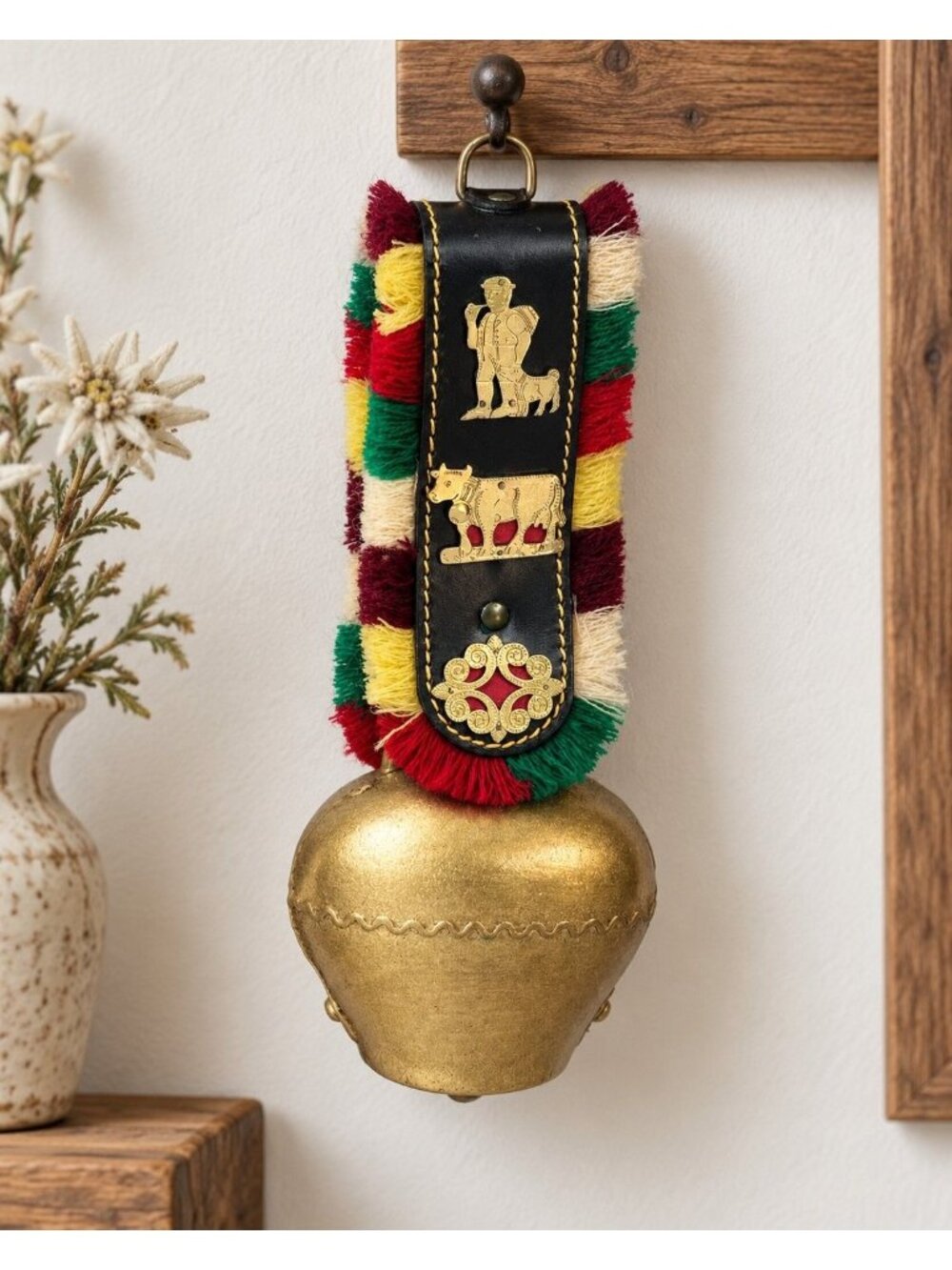 Vintage Swiss Cowbell Leather Strap Colorful Fringe Alpine Folk Art 9.25"
